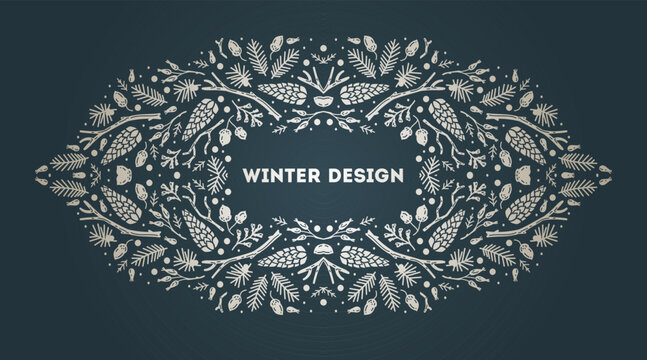 Luxury Christmas arabesque frame, abstract sketch winter floral design templates. Geometric monochrome square, holly backgrounds with fir tree. Use for package, branding, decoration, banners