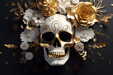 golden skull with flowers on black background, generative ai