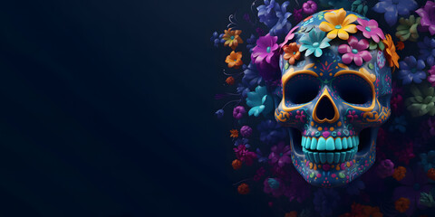 colorful skull with flowers, generative ai