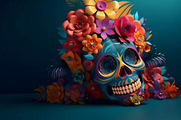 colorful skull with flowers, generative ai