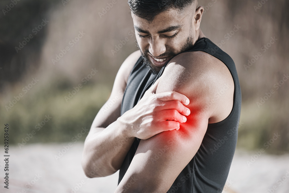 Sticker Man, shoulder pain and fitness, injury and red overlay, hurt and medical emergency with muscle inflammation. Male athlete, strain with glow and health problem, mockup space and exercise accident