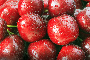 Bunch of red cherries with water drops