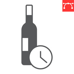 Aging of wine glyph icon, drink and alcohol, bottle with clock vector icon, vector graphics, editable stroke solid sign, eps 10.