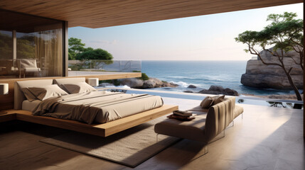 Fototapeta na wymiar a bedroom with a bed and duvets on top of a luxury villa located directly on the beach. Generative AI