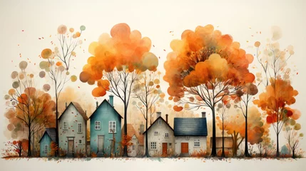 Papier Peint photo Lavable Orange houses in autumn with trees wearing orange leaves. painted with watercolors. Generative AI