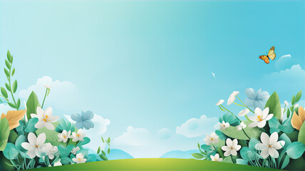 flowers and butterfly nature background illustration for web and social media banner, presentation template, summer card template, travel and holiday ads.