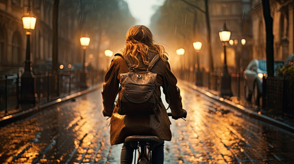 back view on a young woman on a bicycle in rainy weather. orange colors like in autumn. Generative AI