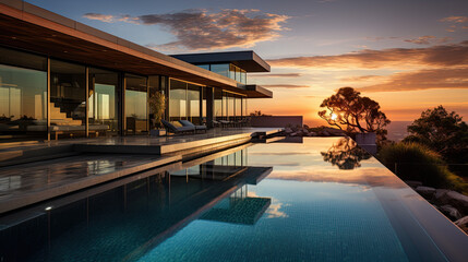 Fototapeta na wymiar A beautiful, expensive, luxury villa with a large outdoor pool in the evening at sunset. Generative AI