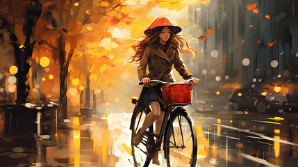 Fototapeta na wymiar creative illustration of a young woman on a bicycle in rainy weather. orange colors like in autumn. Generative AI