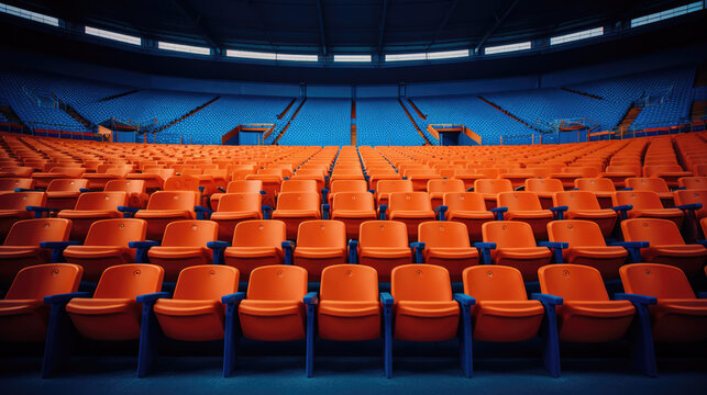 empty orange seats in a large sports stadium. Generative AI