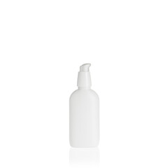 White elliptical medium PEHD bottle container with white lotion pump on white background. Template of a bottle for cosmetics.