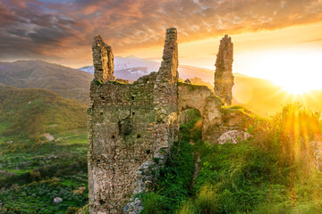 mountain landscape with view from old anciant ruins to a mountain highland plato with white top of vulcan