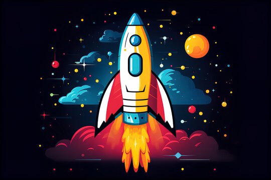 Rocket science, business success, IT start-up investing illustration black background