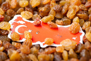 Flag and map of Turkey in raisins. Origin of raisins, growing grape and making raisins in Turkey