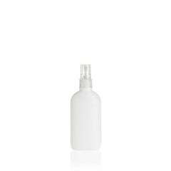 White elliptical medium PEHD bottle container with spray pump on white background. Packaging of antiseptic. Template of a bottle for cosmetics and medical products.