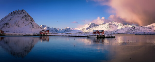 Amazing winter scenery. North fjords with mountains landscape. scenic photo of winter mountains and vivid colorful sky. stunning natural background. Picturesque Scenery of Lofoten islands. Norway