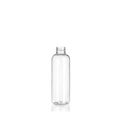 Transparent rounded cylindrical PET bottle container. Packaging of antiseptic. Template of a bottle for cosmetics and medical products. Isolated on white background, copy space template, banner.