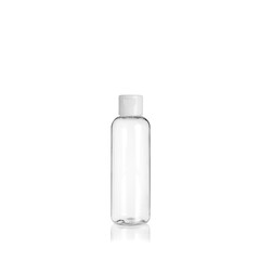 Transparent rounded cylindrical PET bottle container with orange spray pump on white background. Packaging of antiseptic. Template of a bottle for cosmetics and medical products.