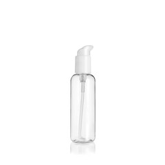 Transparent rounded cylindrical PET bottle container with white lotion pump on white background. Packaging of antiseptic. Template of a bottle for cosmetics and medical products.