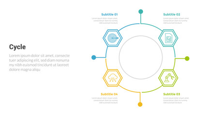 cycle or cycles stage infographics template diagram with honeycomb outline circular shape and 4 point step creative design for slide presentation