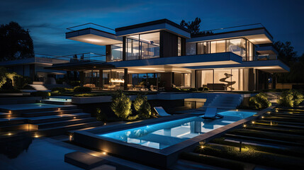 Fototapeta na wymiar modern expensive luxury villa with a pool in front at dusk night. Generative AI