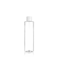 Transparent cylindrical PET bottle container with white cap. Packaging of antiseptic. Template of a...