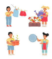 Children do various chores and help the adults with the housework. Teaching children to order and self-service in everyday life, flat vector illustration isolated on white background.