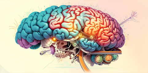 Generated abstract colored human brain on a light background.