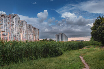 Fototapeta na wymiar Modern apartments against a cloudy blue sky. Multi-apartment high-rise beautiful residential building. View of a modern building with green reeds in the foreground.