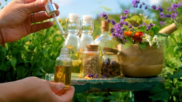 plant and herb tinctures and extracts. Selective focus.