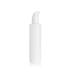 White cylindrical PEHD bottle container with white lotion pump. Packaging of antiseptic. Template of a bottle for cosmetics and medical products. Isolated on white background.