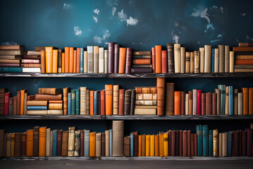 vintage studio photo backdrop with shelves full of books