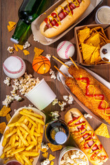 Traditional sport stadium foods and beer background, Set of various baseball, basketball, football fans and stadium snacks, chips, sauces, hot dogs with beer bottles and fan accessories