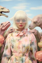 A surreal portrait of a beautiful mysterious woman, veiled in a pastel floral shirt and surrounded by dreamy animals dinosaur from the past, captivates the imagination
