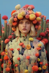 A surreal portrait of a dreamy woman surrounded by pastel cactuses evokes a feeling of wildness and freedom