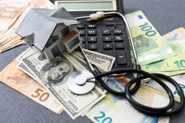 House symbol on American flag. Mortgage credit lending. Housing safety.