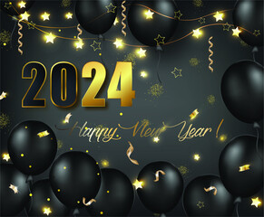card or banner to wish a Happy New Year 2024 in gold and black on a gray background with black balloons and serpentine stars and gold-colored sequins