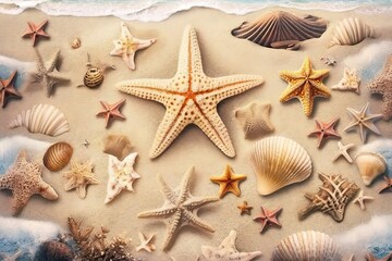 Fototapeta na wymiar Beach sand with shell and starfish (Ai generated)