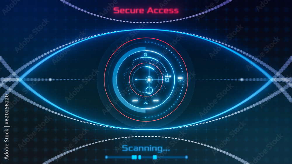 Poster futuristic biometric access, eye scan and recognition hud, secure access, cyber security, camera zoo