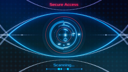 Futuristic Biometric Access, Eye Scan and Recognition HUD, secure access, cyber security, camera zoom in (3d render)