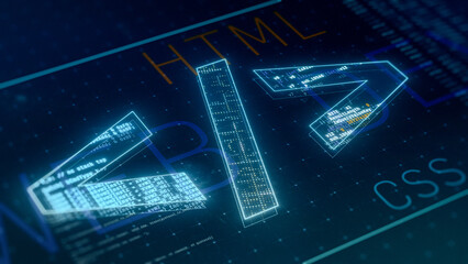 Abstract illustration about web development and coding, represented by the iconic symbol, concept of technological innovation and digital connectivity (3d render)