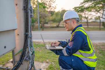 Telecommunication engineers work at cell towers for 5G cell phone signals,Network tower maintenance technicians