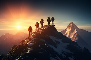 Fototapeta na wymiar Group on Mountain Peak at Sunrise