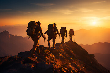 Hikers on Mountain Peak at Sunrise