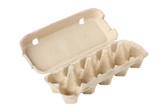 Empty egg carton isolated on white background.