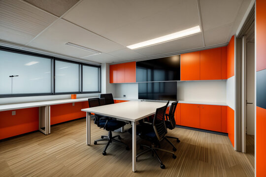 An Office With A White Table And Orange Cabinets