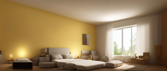 A Bedroom With Yellow Walls And A White Bed