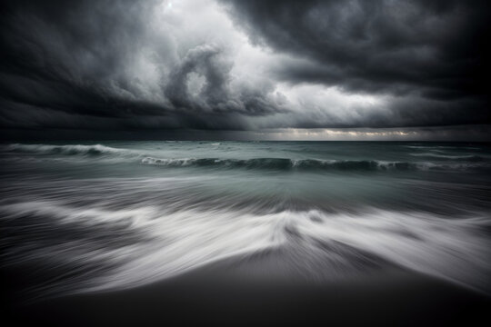 A Black And White Photo Of Storm Clouds Over The Ocean