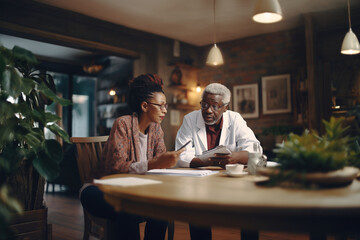 African American doctor consults an elderly patient. Medical consultation. AI generated.