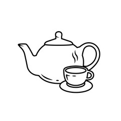 Hand drawing tea set. Teapot and cup. Black outline. Coloring page. Kettle with cup for breakfast. Teatime. Vector illustration in diidle style